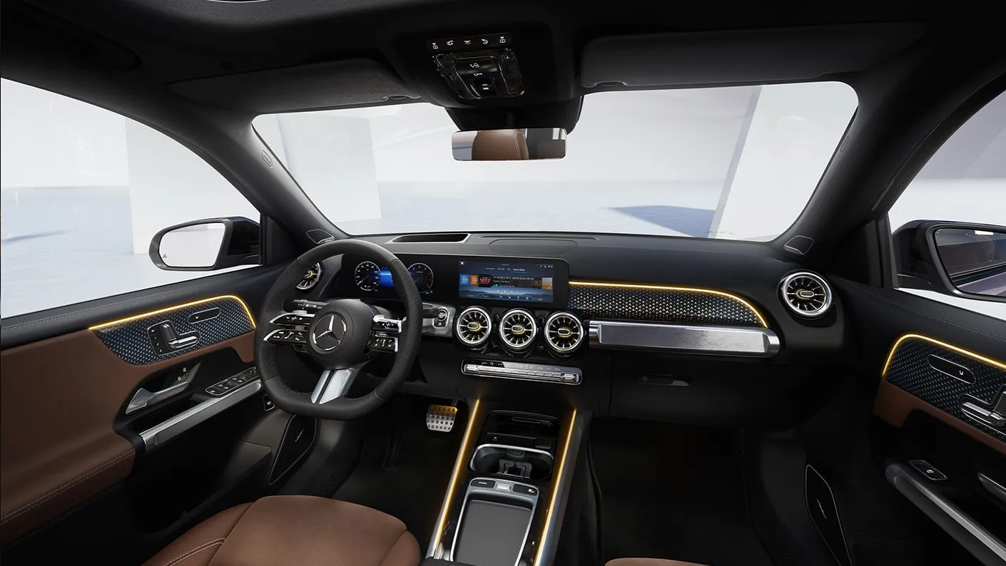 2027 Mercedes-Benz Electric GLB SUV interior dashboard with digital screens and ambient lighting.