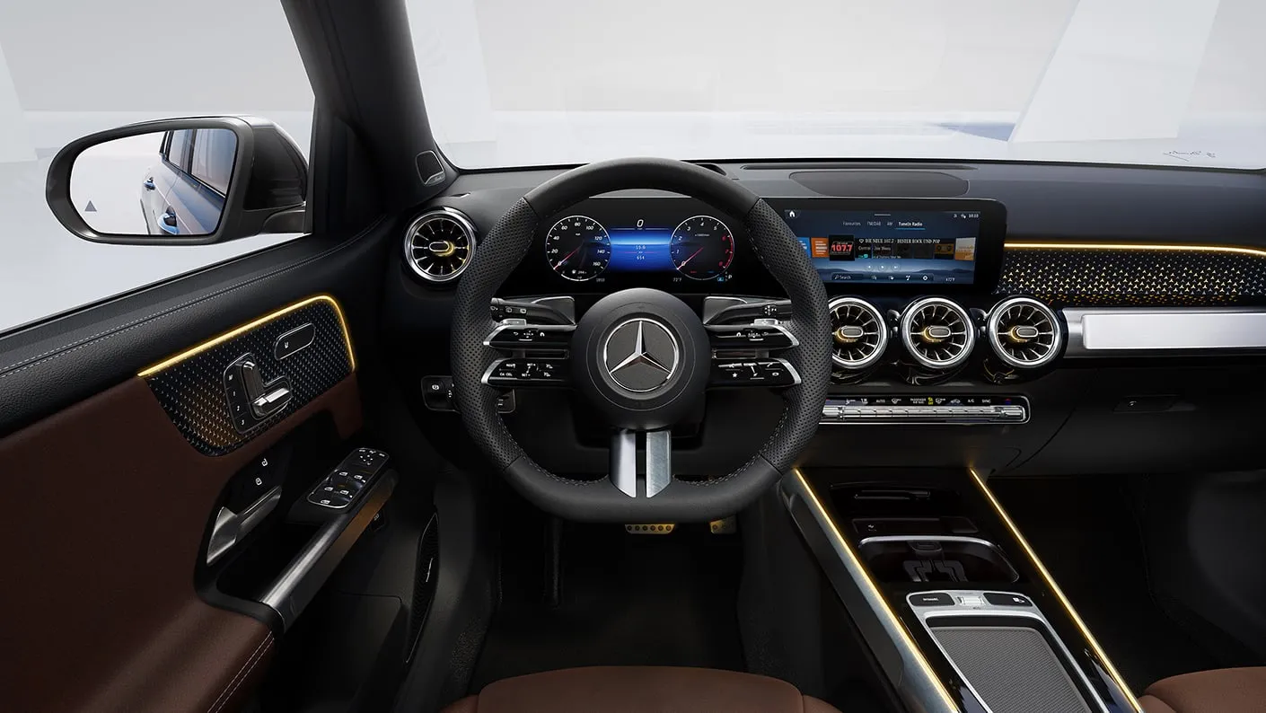 2027 Mercedes-Benz Electric GLB SUV steering wheel and digital instrument display.