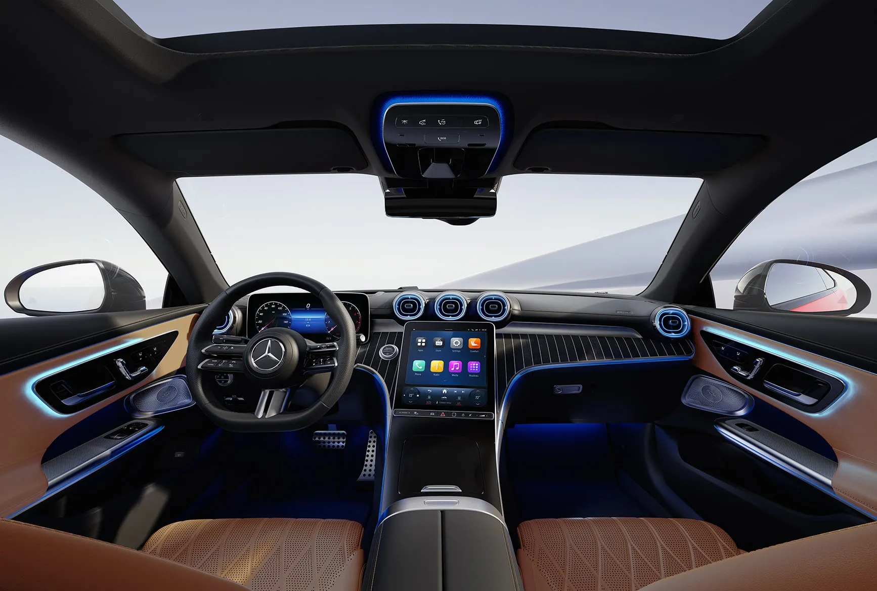 2027 Mercedes-Benz CLE Coupe dashboard with digital displays, central touchscreen, and illuminated air vents.