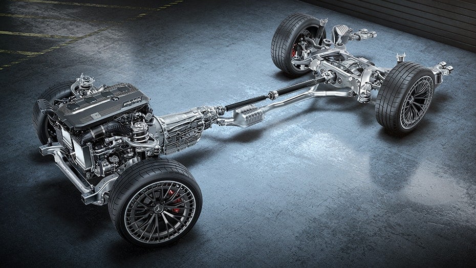 AMG Performance 4MATIC+ drivetrain and chassis of the 2027 Mercedes-AMG GLC 53 SUV.