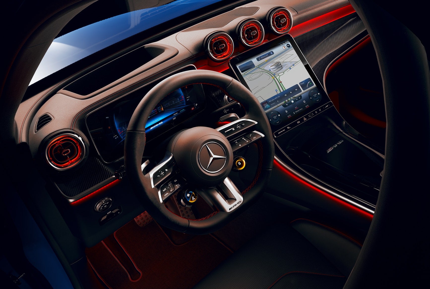 Digital cockpit of the 2027 Mercedes-AMG GLC 53 SUV with AMG steering wheel and center touchscreen.