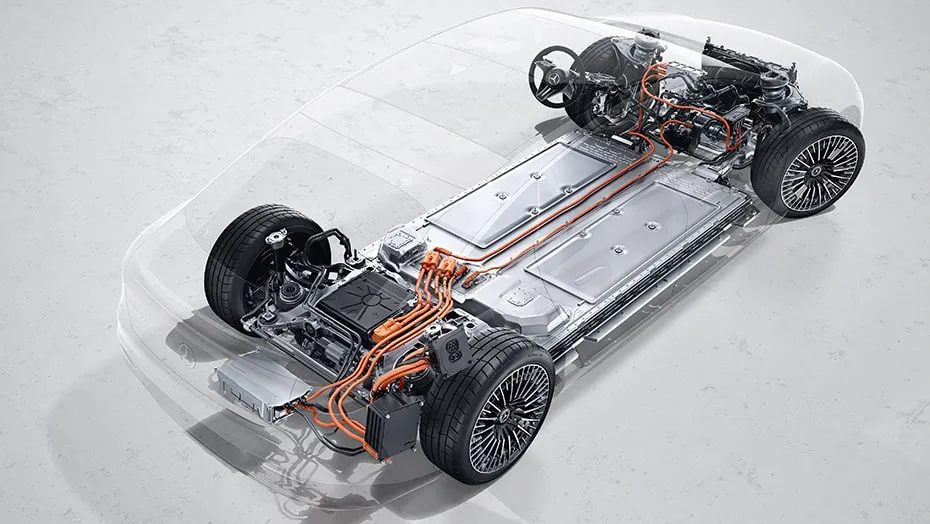 Mercedes-Benz EQS chassis showing the advanced electric drivetrain, battery pack, and underbody components