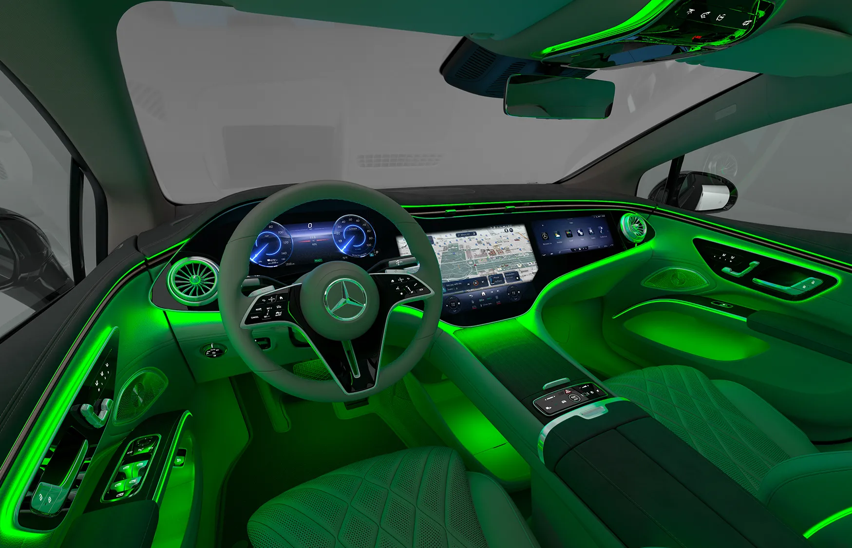 2027 Mercedes-Benz EQS Sedan interior with latest MB.OS technology and green ambient lighting.