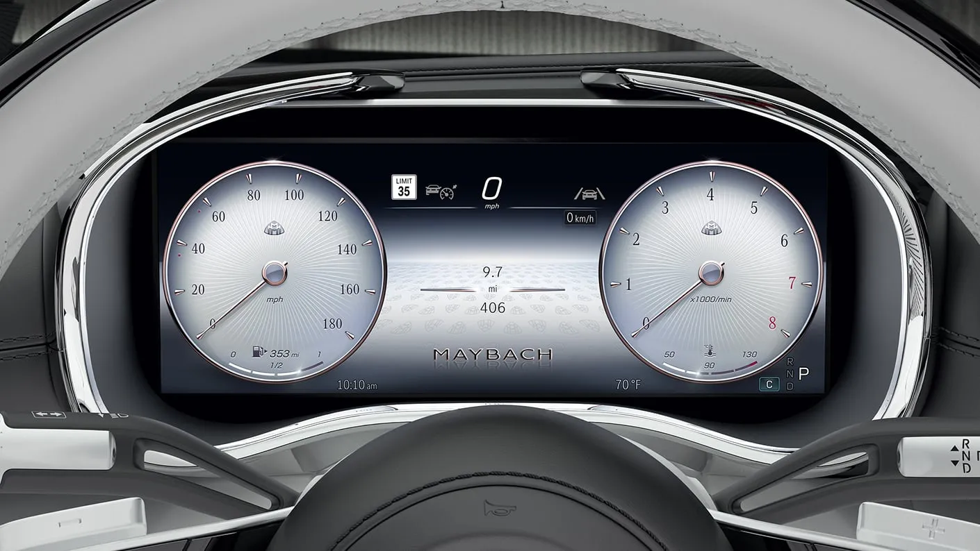Mercedes-Maybach SL Monogram digital instrument cluster displaying luxury-inspired analog-style gauges and performance data.