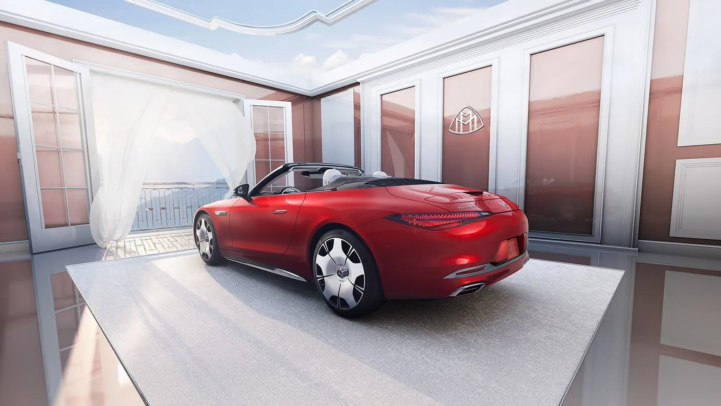 Mercedes-Maybach SL Monogram in red, highlighting refined convertible architecture and timeless roadster proportions.