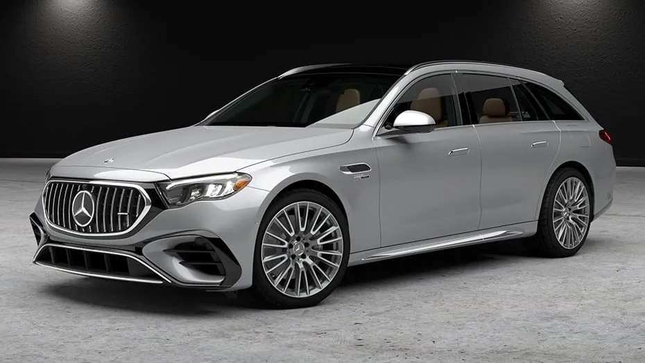 2026 Mercedes-AMG E 53 Hybrid Wagon in silver metallic with AMG grille and multi-spoke wheels – performance luxury wagon.