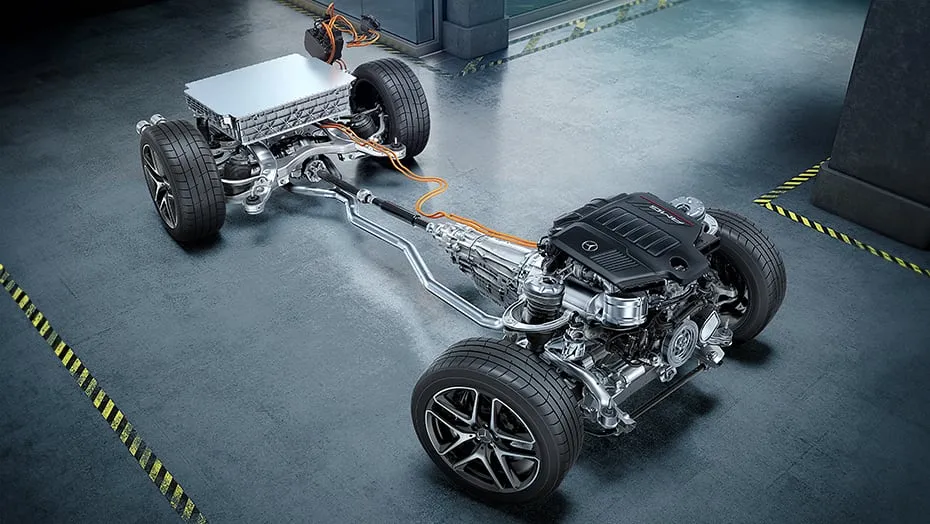 Mercedes-AMG E 53 Hybrid Wagon drivetrain showcasing AMG 4MATIC+ all-wheel drive with torque vectoring and hybrid power integration.