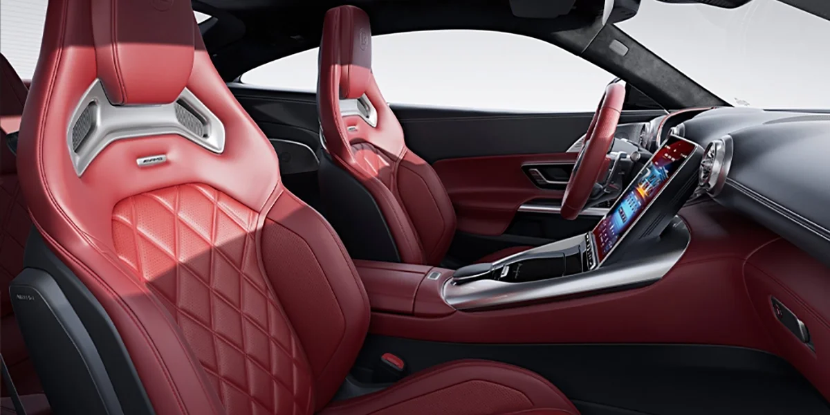 Mercedes-AMG GT 63 GP Edition interior with red quilted leather seats and AMG performance center console – handcrafted luxury design.