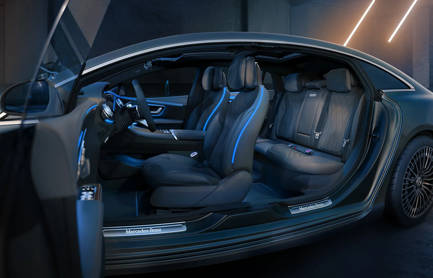 2027 Mercedes-Benz EQS Sedan interior showing Mercedes-Benz driver assistance systems and luxury seating.