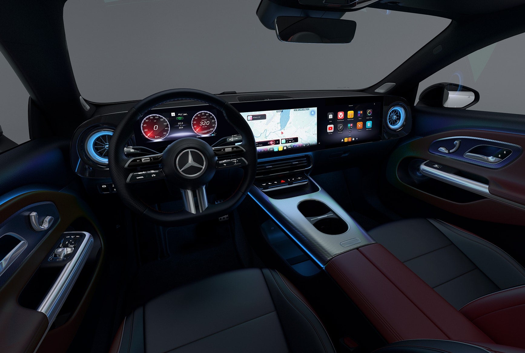 Modern minimalist cabin of the 2027 Mercedes-Benz CLA Sedan with digital dashboard, steering wheel, ambient lighting, and premium seats.