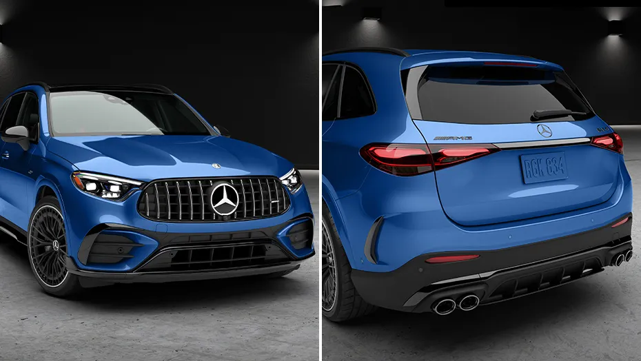 2027 Mercedes-AMG GLC 53 Coupe front and rear exterior views in blue.