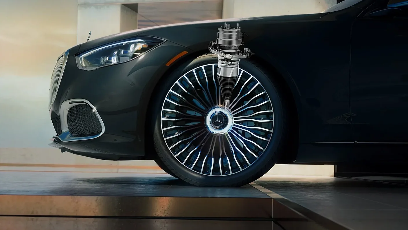 Close-up of the Mercedes-Maybach S-Class front wheel and advanced suspension comfort systems