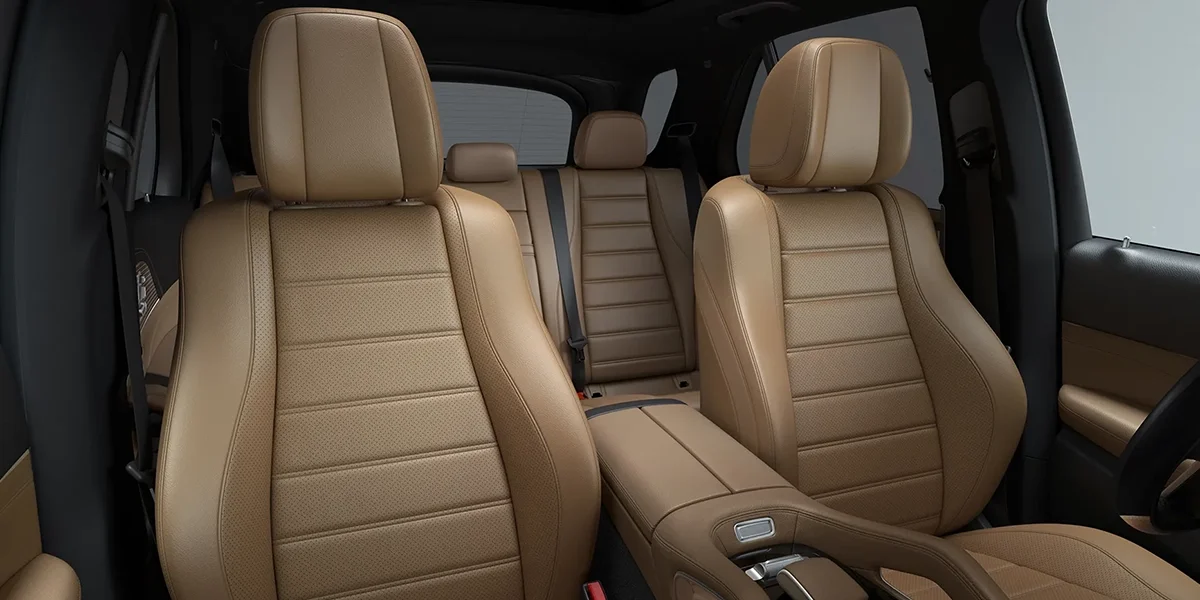 Mercedes-Benz GLE interior with tan leather seats and spacious cabin layout