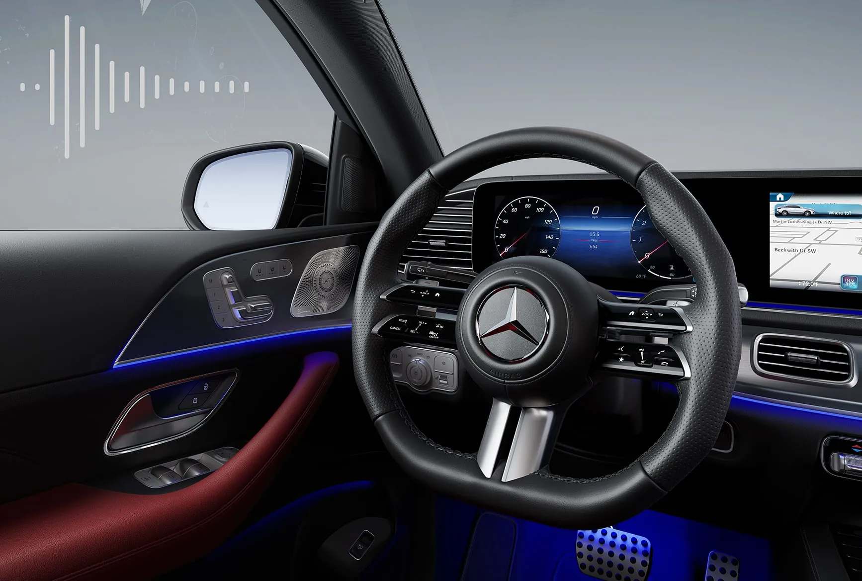 2027 Mercedes-Benz GLE Coupe driver cockpit with steering wheel, digital instrument display, and interior controls.