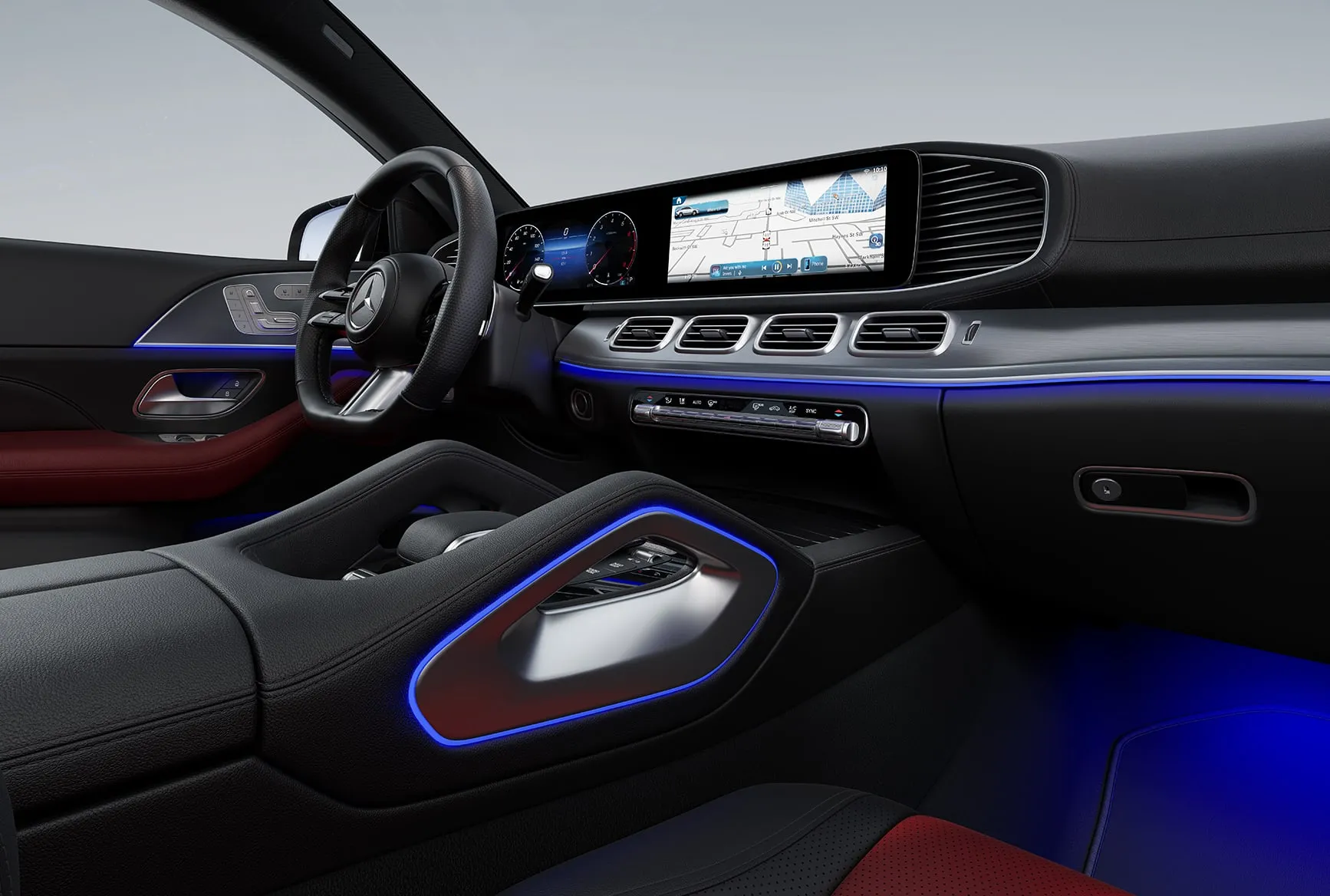 2027 Mercedes-Benz GLE Coupe interior dashboard with MBUX display, ambient lighting, and luxury front cabin design.