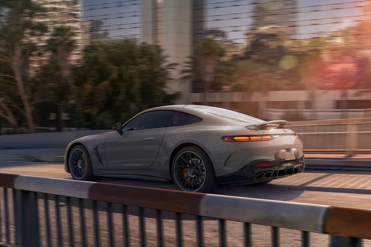 Rear three-quarter view of the Mercedes-AMG GT demonstrating its AMG® performance chassis.