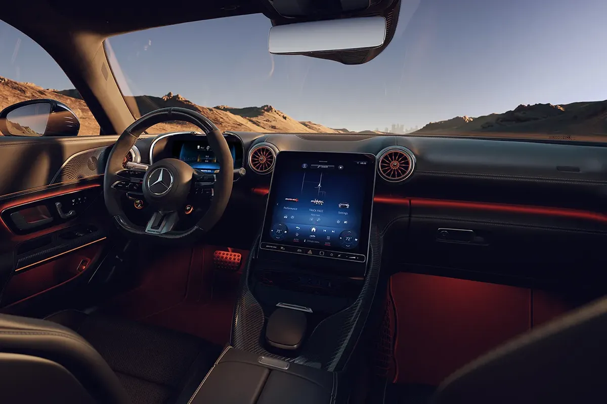 Mercedes-AMG GT interior display highlighting integrated safety and advanced technology features.