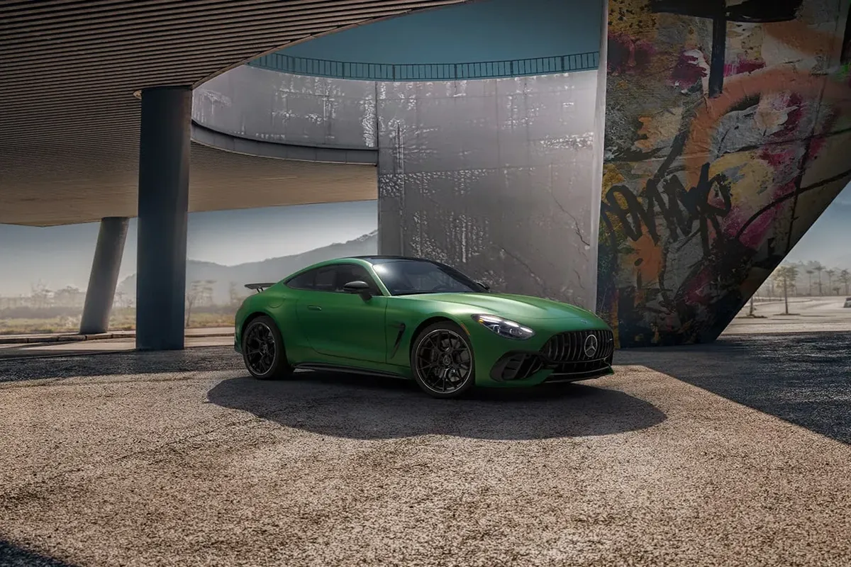 Mercedes-AMG GT with sculpted exterior styling, emphasizing bold design lines.
