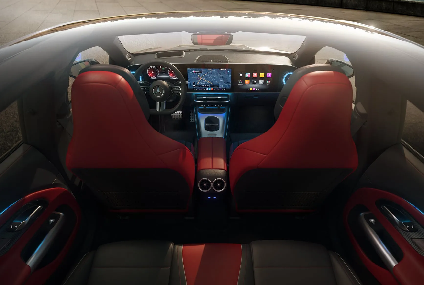 Mercedes-Benz CLA interior dashboard with digital cockpit and red leather seats
