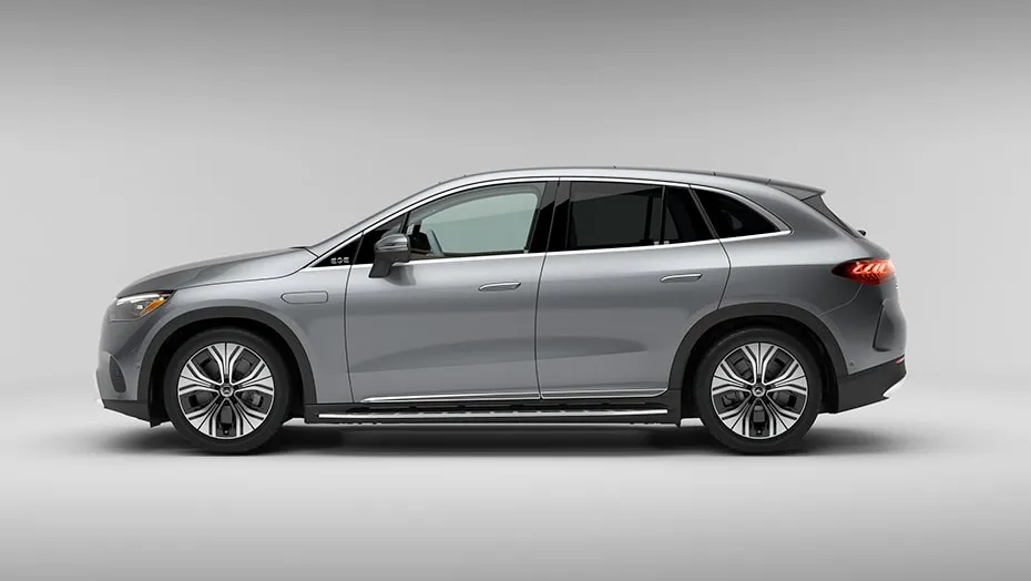 Mercedes-Benz EQE side view showing aerodynamic shape and elegant electric vehicle design