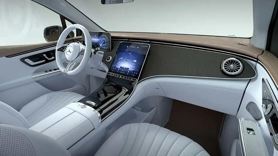 Mercedes-Benz EQE luxury interior with premium materials, modern dashboard, and comfortable seating