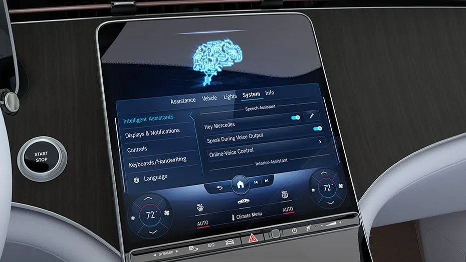 Mercedes-Benz EQE interior display with MBUX Hyperscreen infotainment system and digital controls