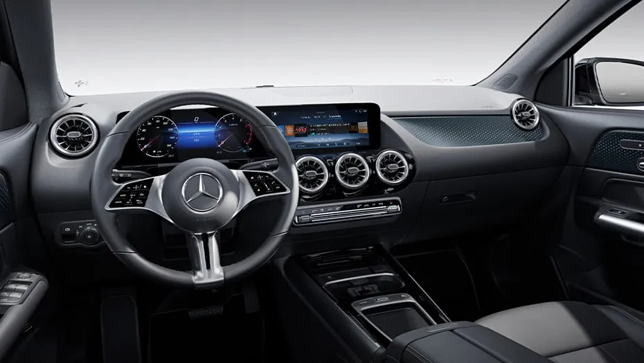 Mercedes-Benz GLA interior cockpit featuring a digital dashboard, steering wheel, and advanced infotainment system