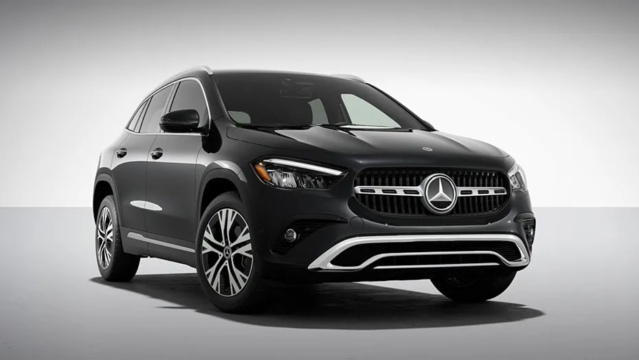 Black Mercedes-Benz GLA shown from the front three-quarter angle with a modern compact luxury SUV design