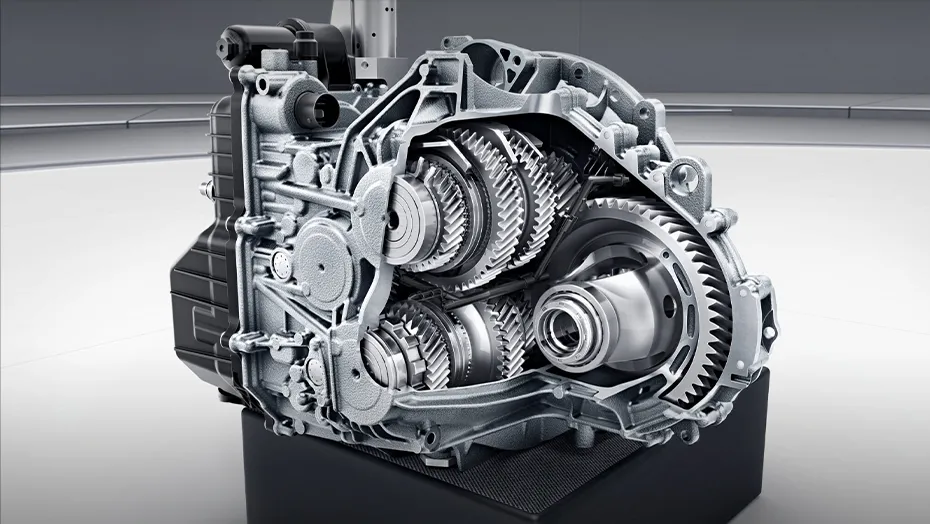 Mercedes-Benz GLB advanced automatic transmission cutaway showing internal gears and precision mechanical design.