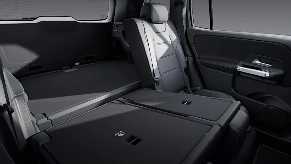 Mercedes-Benz GLB versatile cargo space with rear seats folded flat to create a larger storage area.