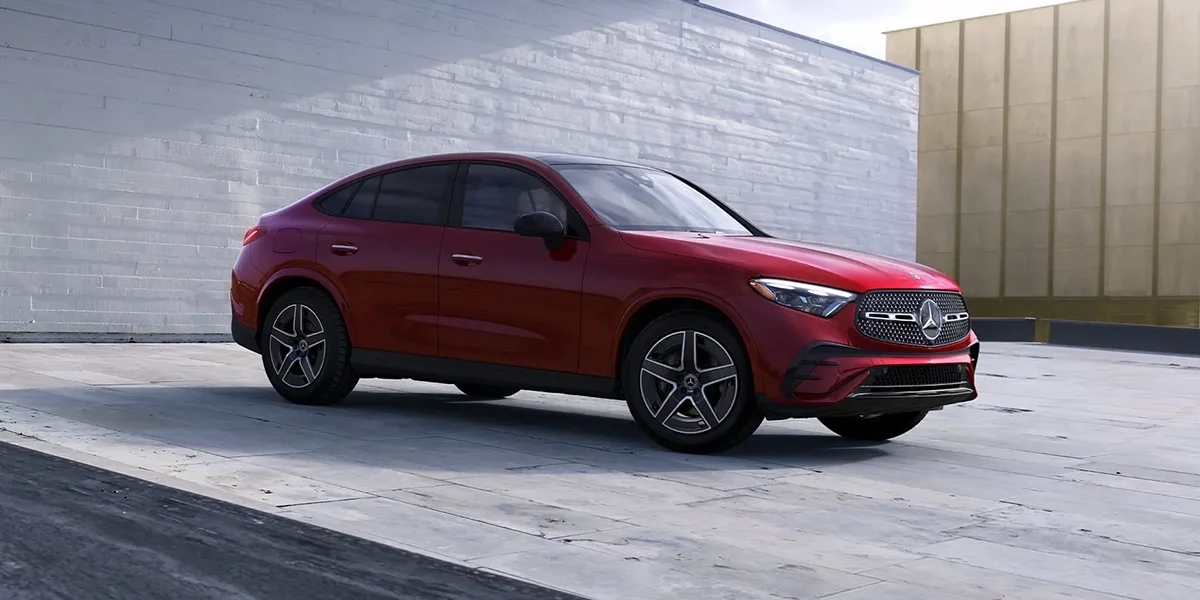 Red Mercedes-Benz GLC parked outdoors showing sporty exterior design and luxury SUV styling