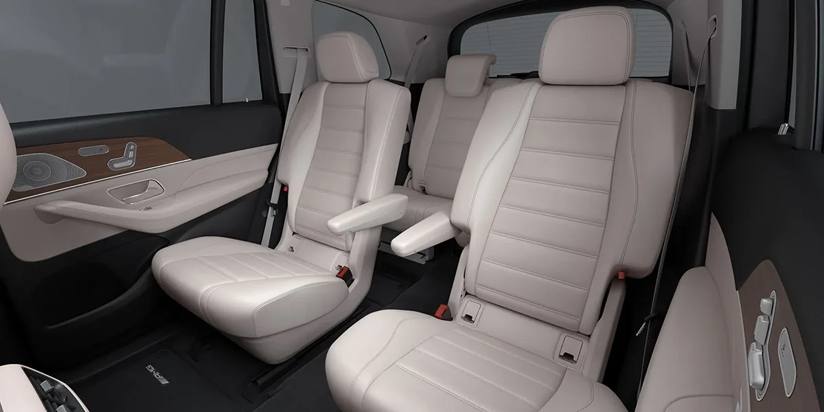 Mercedes-Benz GLS cabin featuring light leather second-row captain’s chairs and spacious third-row seating