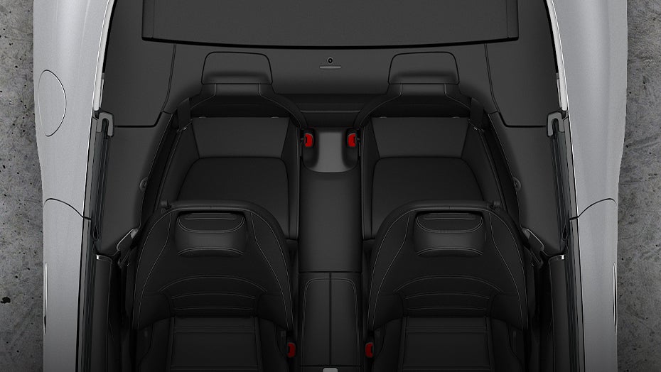 Top view of the Mercedes-Benz SL interior showing black seating and cabin layout inside the luxury roadster.