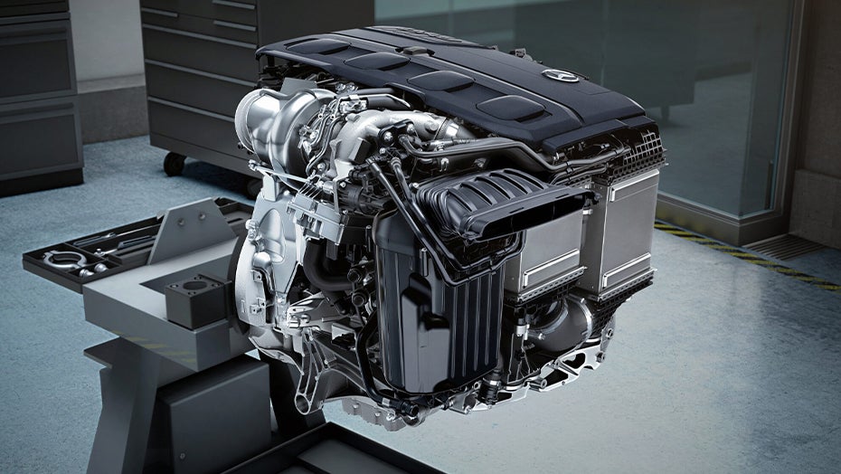 Turbocharged engine of the Mercedes-Benz SL displayed in detail, showing advanced performance engineering.