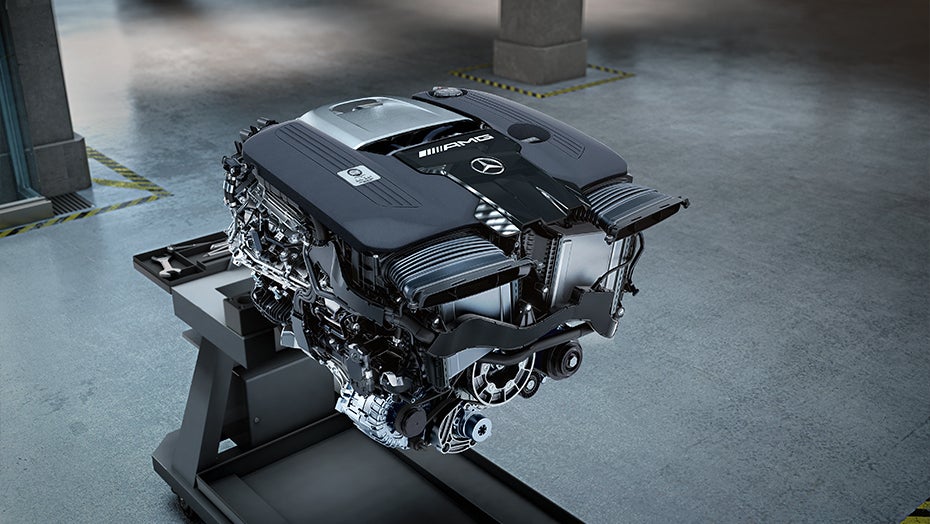 Mercedes-Benz SLR AMG V8 engine close-up showing high-performance engineering details